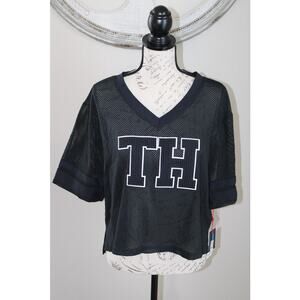 Tommy Hilfiger Sport M Black Mesh Cropped Shirt Short Sleeves V-Neck "TH" Logo